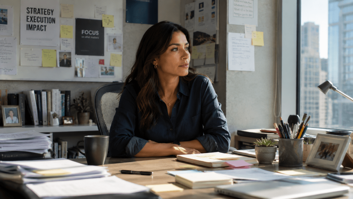 Six years of accumulated knowledge on every surface. The competence trap career — she knows exactly where everything is, and that's part of what makes leaving hard.