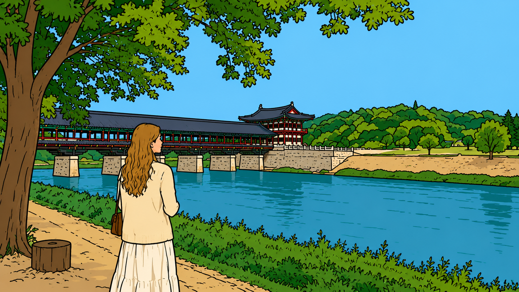 Illustration of a woman by a riverside pavilion, on replaying conversations in my head.