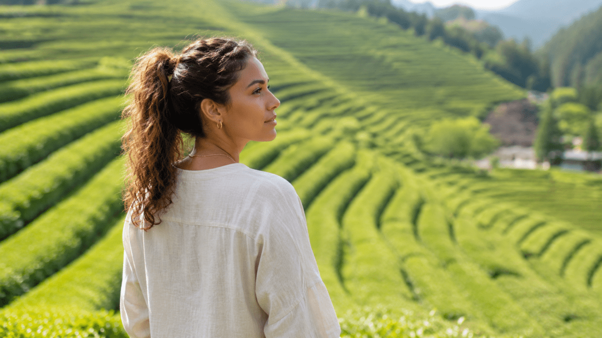Woman standing in Boseong green tea fields, looking out at the landscape — creative burnout and Sik-sin in K-Saju.