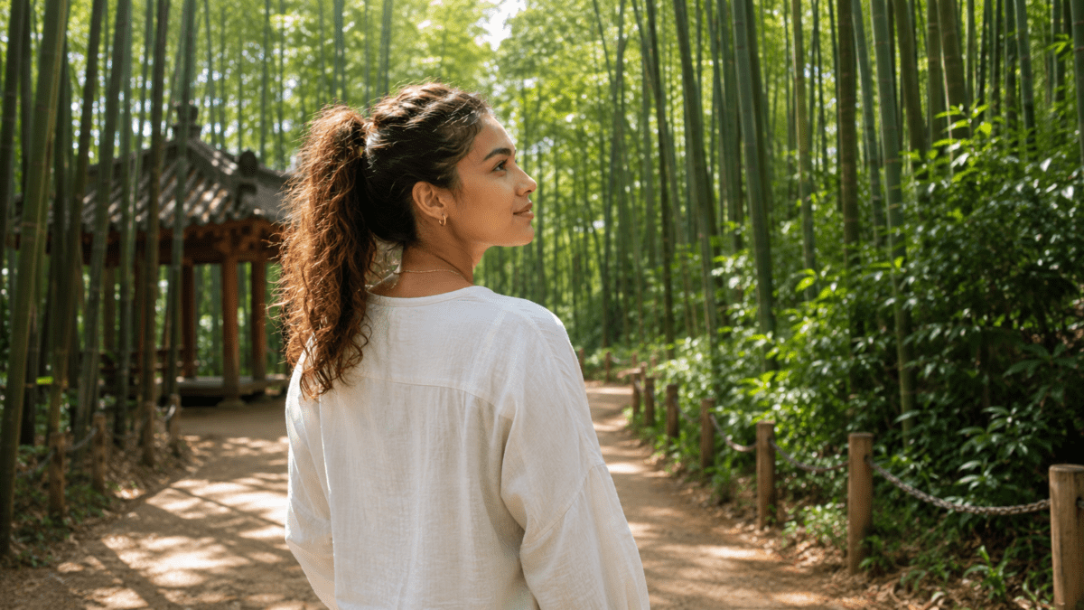 Woman walking through Damyang bamboo forest, alive with creative energy — strong Sik-sin and creative release in K-Saju.
