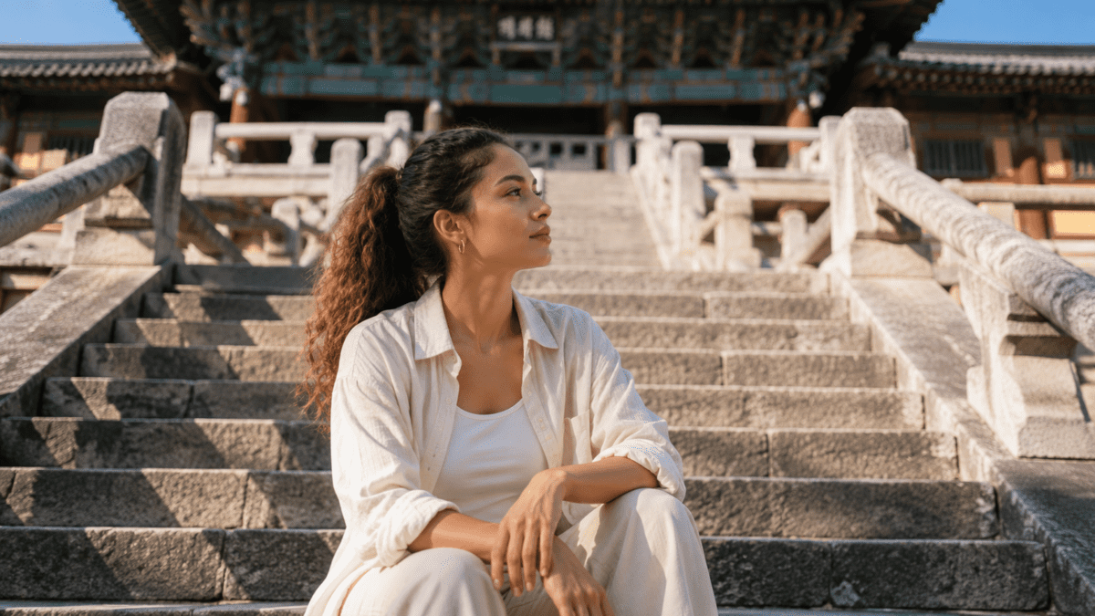 Woman standing before Bulguksa Temple steps, seeing her own creative structure clearly — K-Saju Sik-sin and creative burnout.
