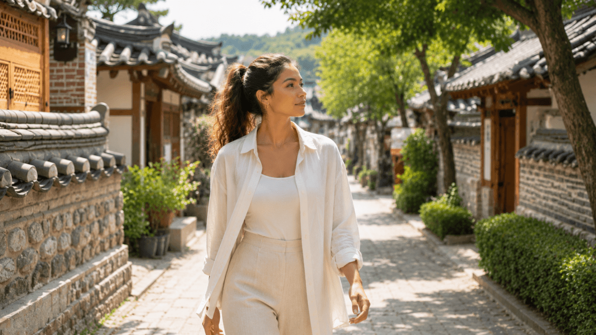 Woman standing quietly at the end of a Jeonju hanok village alley — weak Sik-sin and contained creative release in K-Saju.