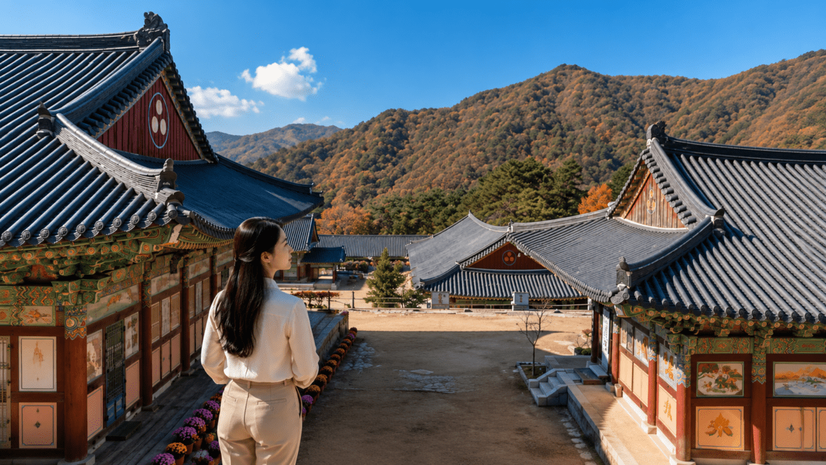 Woman in Haeinsa Temple grounds in autumn, seeing her structure clearly — K-Saju Jeong-jae and financial discipline.