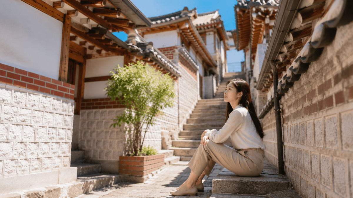 Woman sitting on Bukchon hanok village steps, pausing mid-climb — weak Jeong-jae and the struggle to compound in K-Saju.