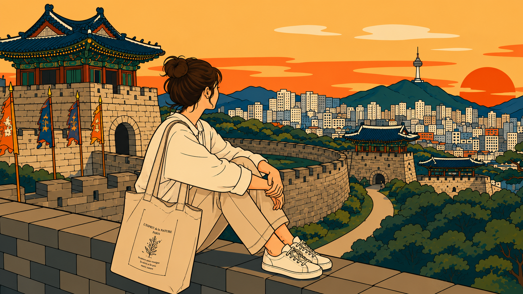 A modern minhwa-style thumbnail about emotional caretaking, featuring a woman watching the sunset from Suwon Hwaseong Fortress.