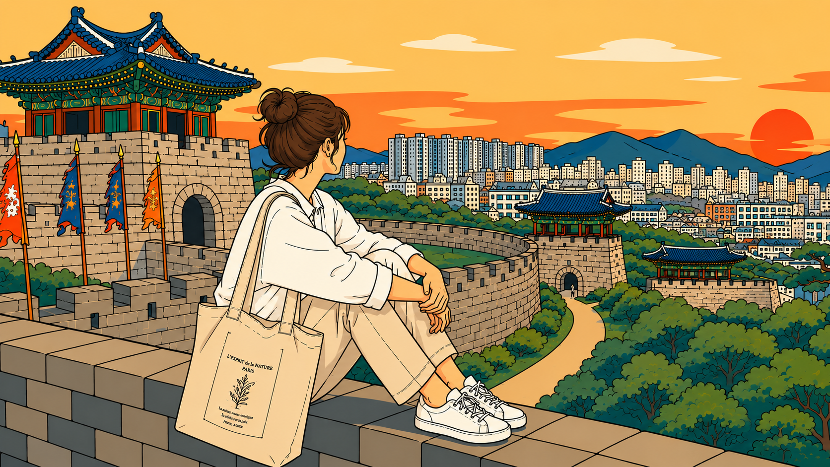 A modern minhwa-style thumbnail about emotional caretaking, featuring a woman watching the sunset from Suwon Hwaseong Fortress.