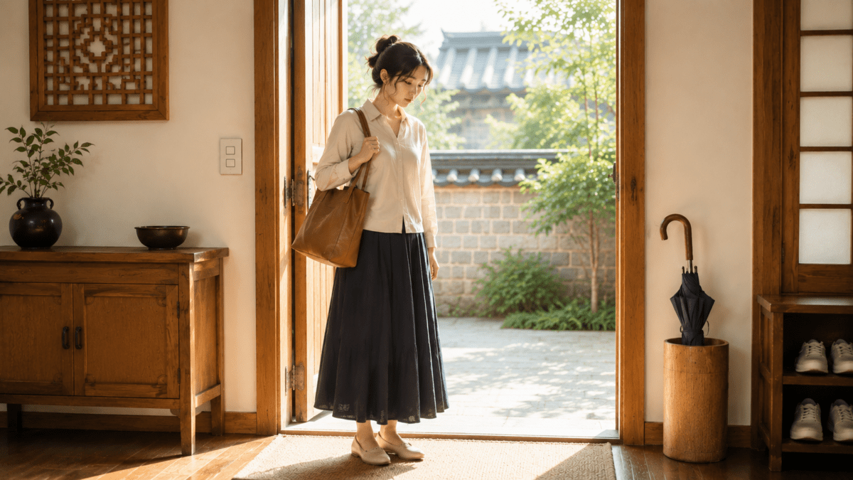 A woman pauses at a hanok doorway, looking down — the body's signal of emotional exhaustion, knowing something is wrong before the mind finds the words.