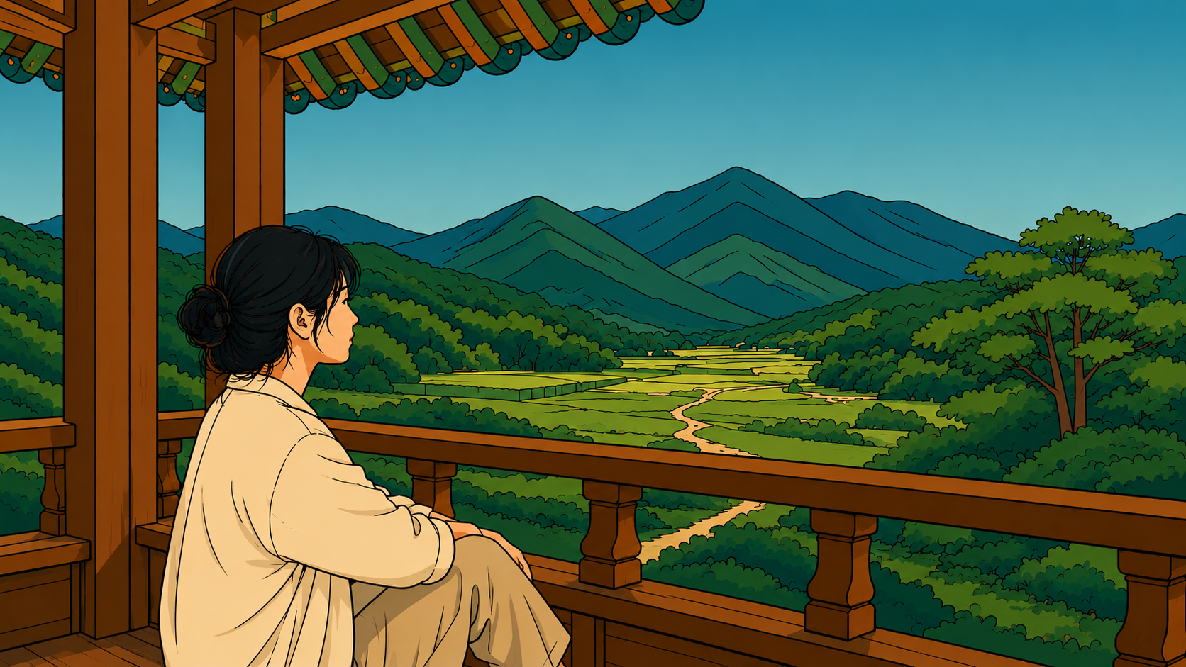 A young East Asian woman sits inside a traditional Korean pavilion, overlooking the quiet green mountains and countryside in a modern minhwa-style illustration.