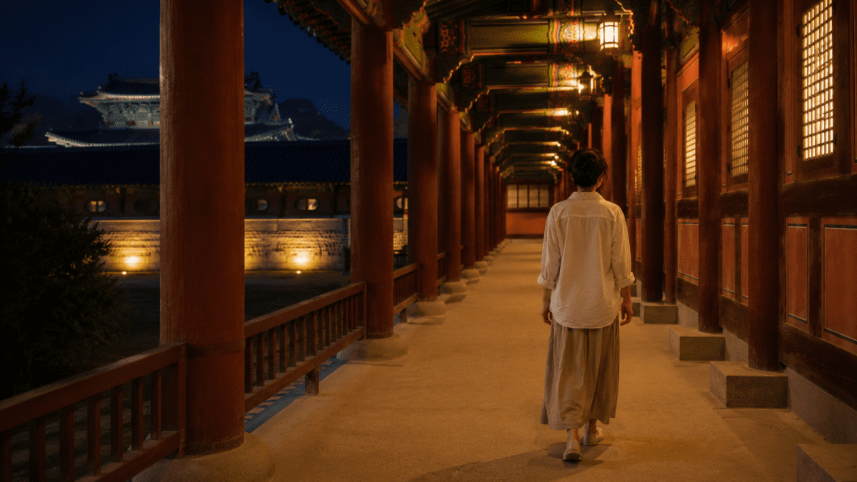 A woman walks alone through an illuminated Korean palace corridor at night, moving through emotional patterns — each step forward a quiet act of breaking the cycle.