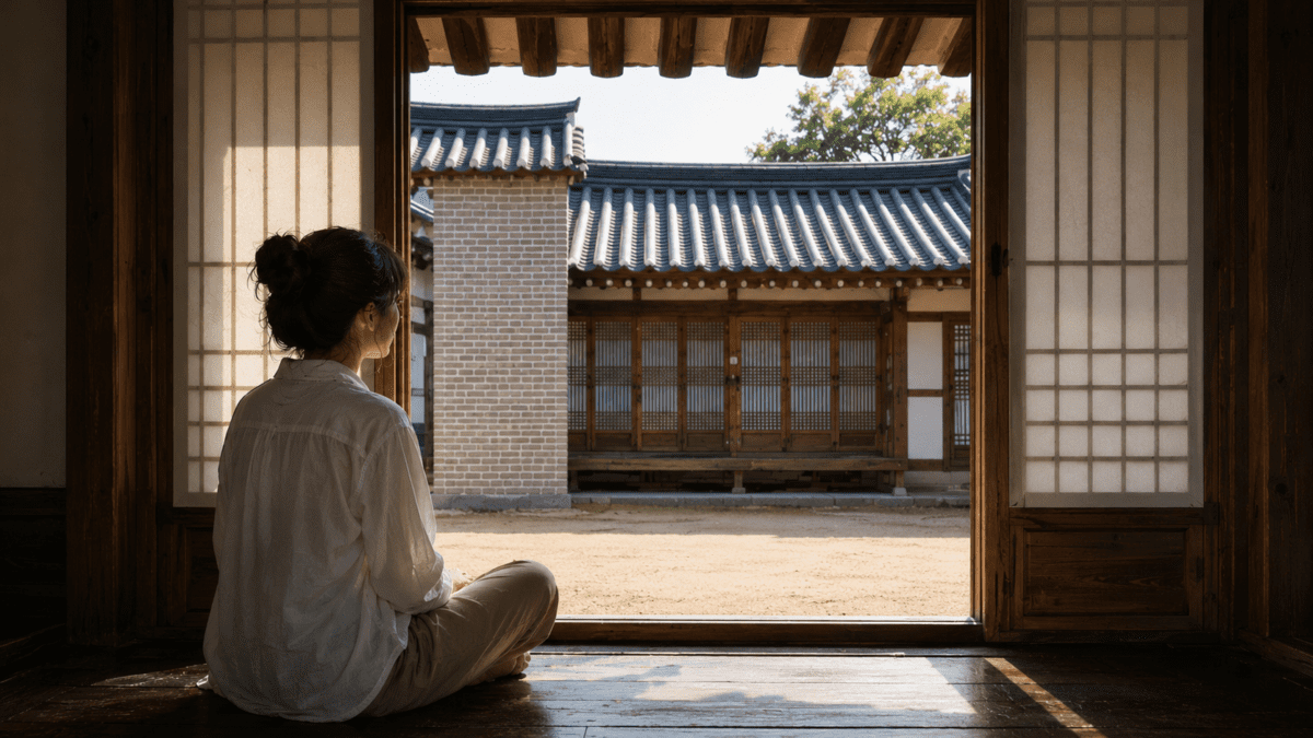 A woman sits in a hanok doorway looking out at a traditional Korean courtyard, pausing to observe her emotional patterns in the quiet space between inside and outside.