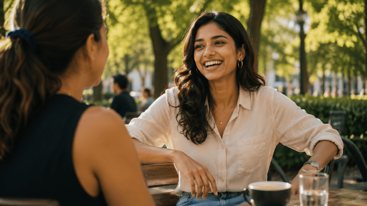 Laughing, open, fully present. The emotional roles that unlock here are different — around the right people, the contracted version disappears.