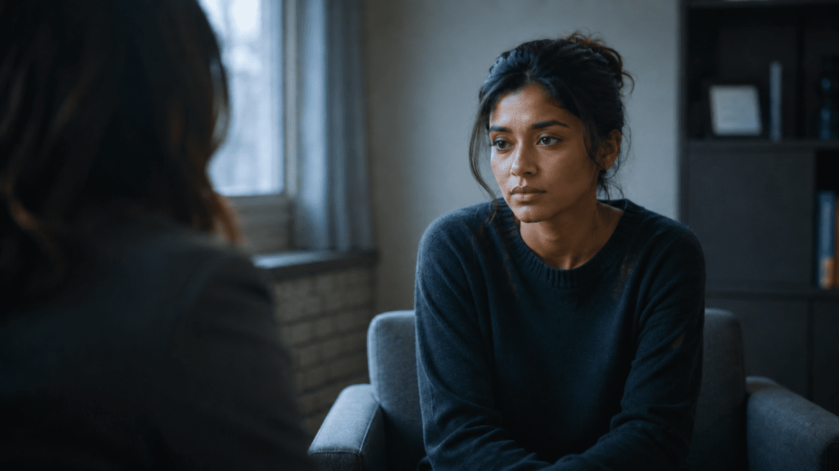 Across from someone who makes her smaller. The emotional roles your nervous system assigns aren't chosen — they're calculated for safety.