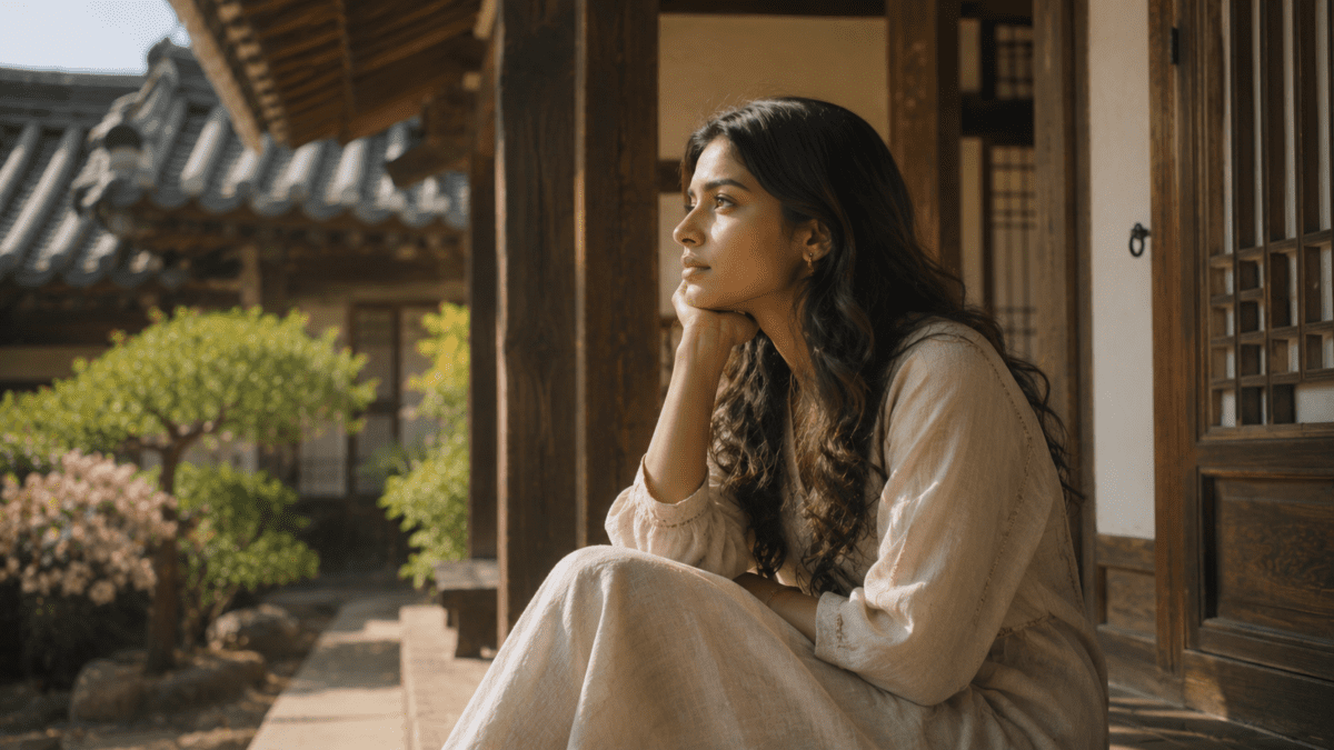Hanok courtyard, chin in hand. Emotional roles activate before you choose — around some people you expand, around others you shrink.