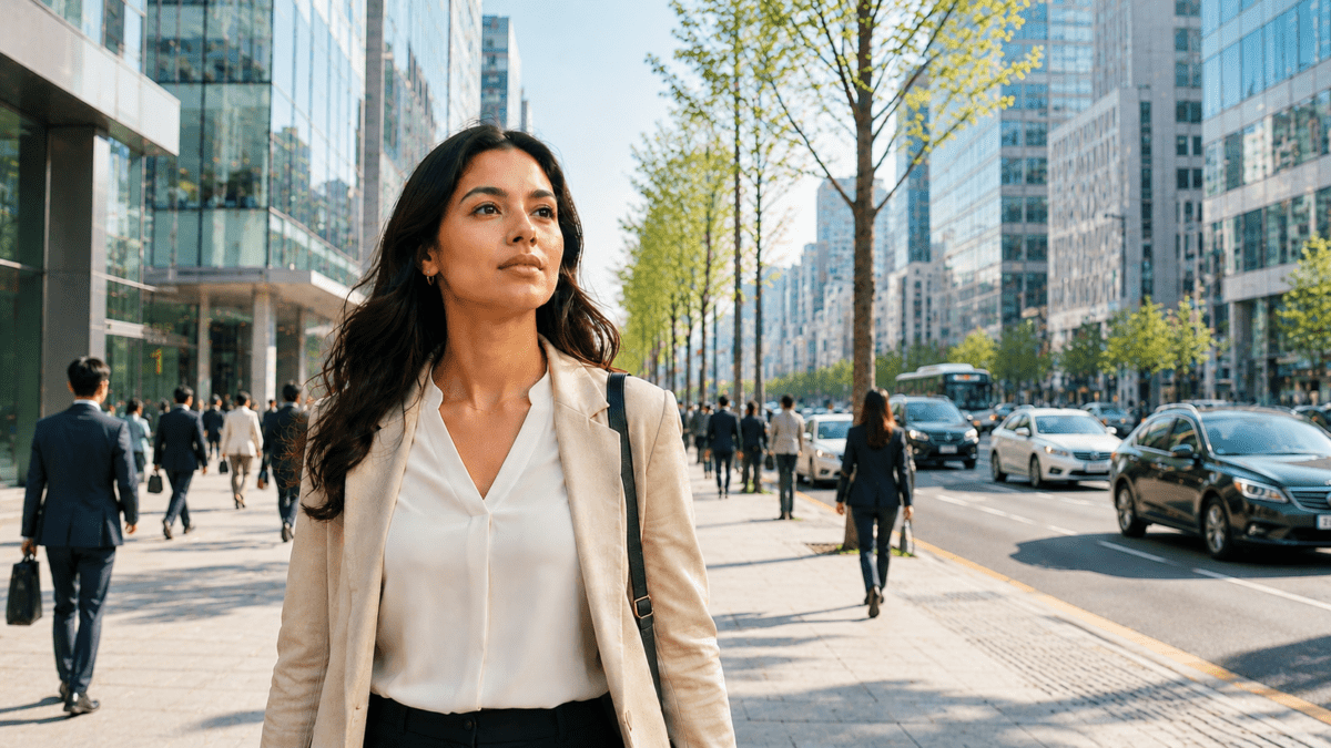 Fear of changing life plans starts with this — a woman walks through Seoul, the professional identity her plan built around her without either of them noticing.