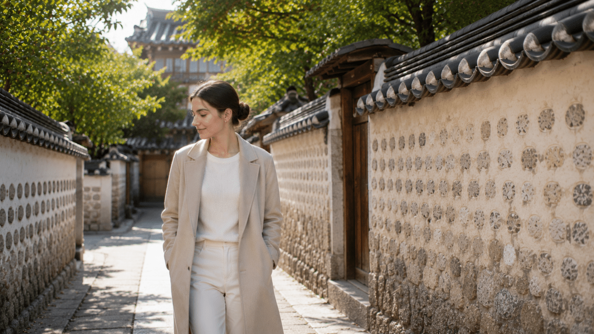 A woman walks alone through a Korean stone-walled alley, eyes downcast — the cost of fear of rejection accumulating quietly with every managed step.