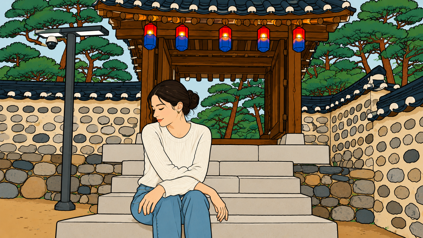 A woman sits alone on stone steps before a traditional Korean gate — fear of rejection holding her still before she decides to move.