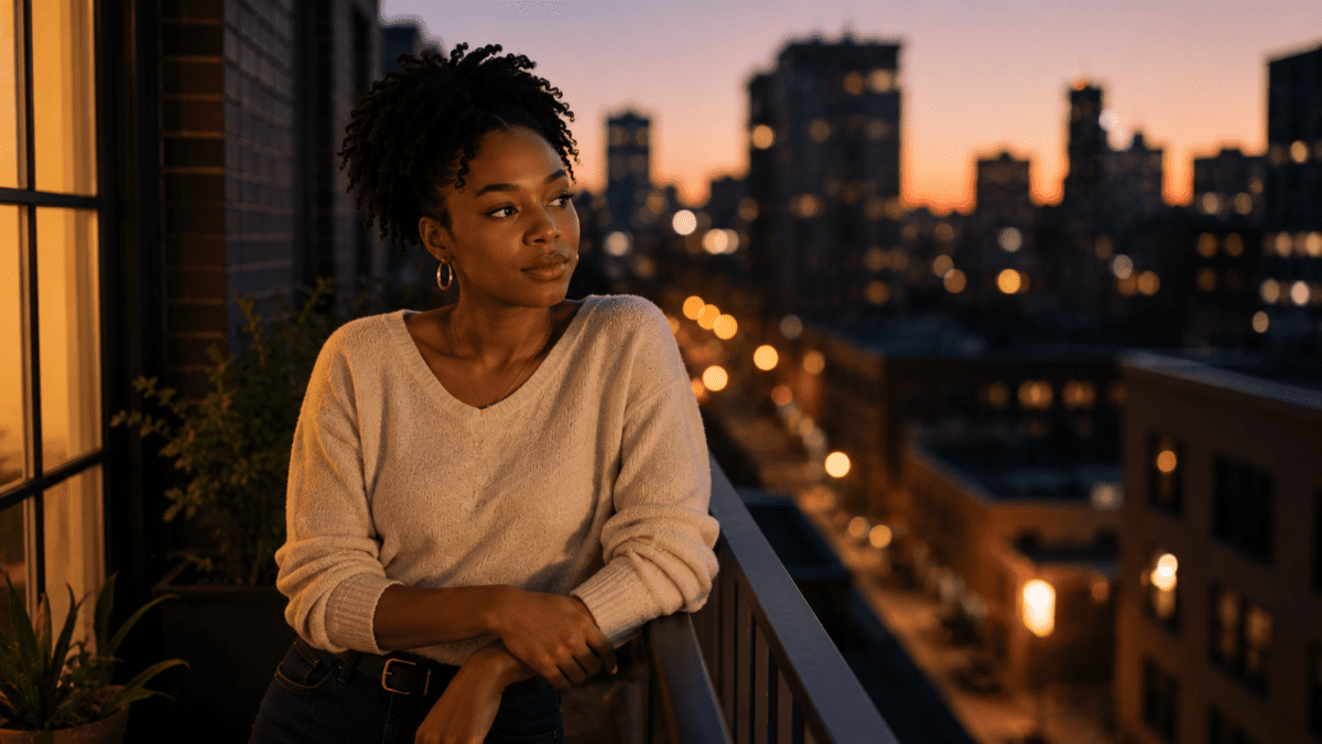 Financial honesty with parents — woman looking out from a balcony at dusk