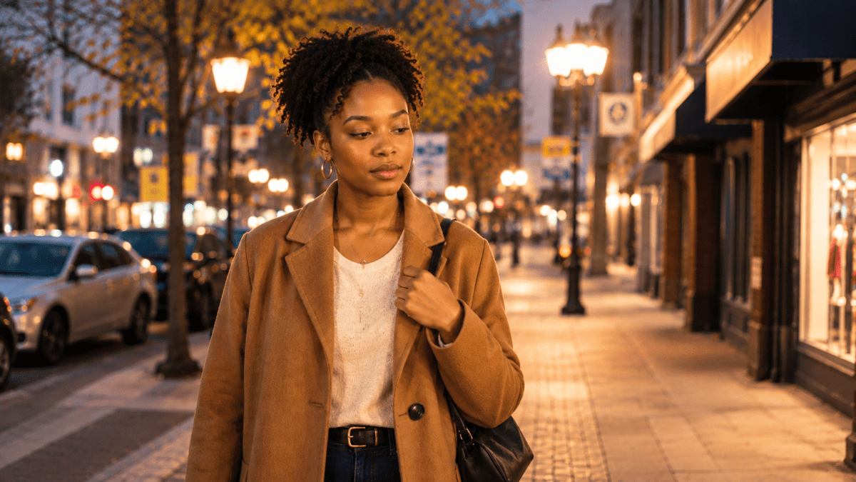 Financial honesty with parents — woman pausing on an evening street before making a difficult call