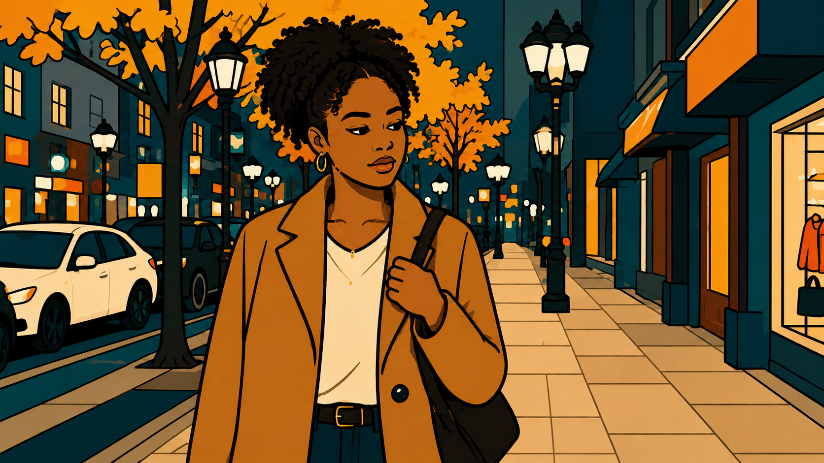 Financial honesty with parents — illustrated woman pausing on an evening street before a difficult call