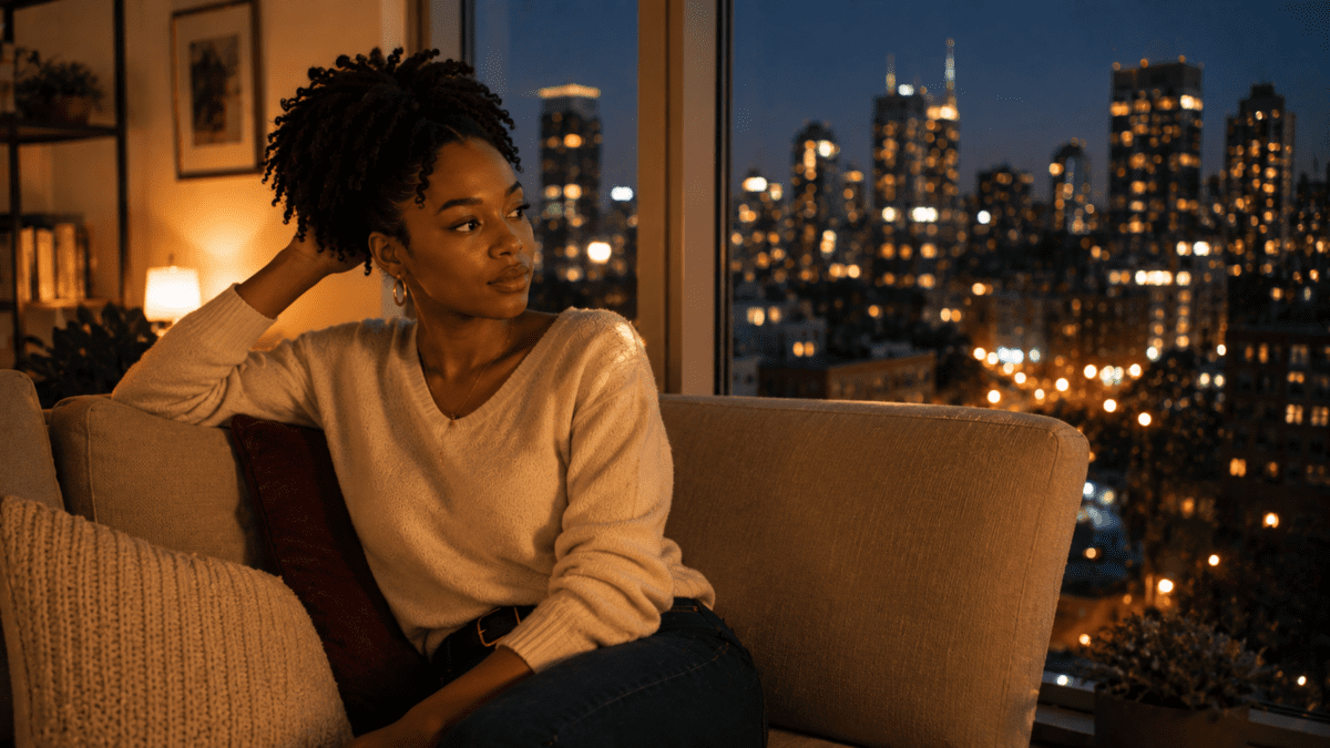 Financial honesty with parents — woman relaxing on a couch after the call, city lights outside
