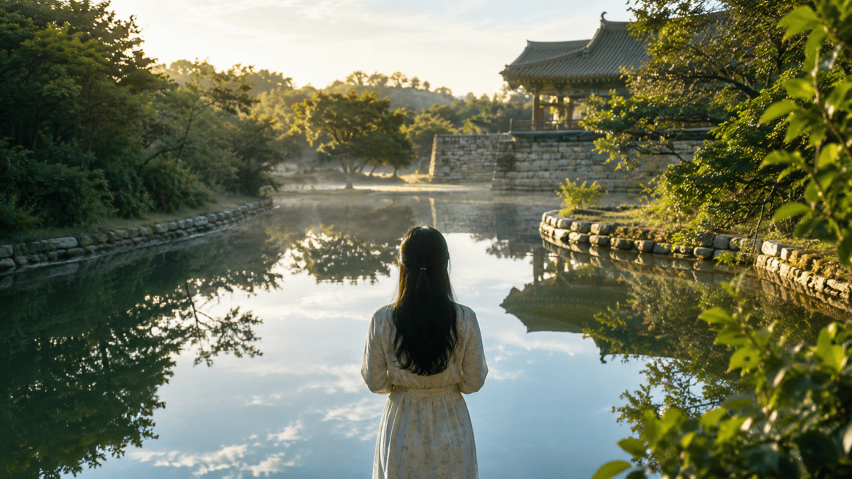 A woman standing alone before a still pond, gaslighting memory doubt mirrored in the quiet water below.