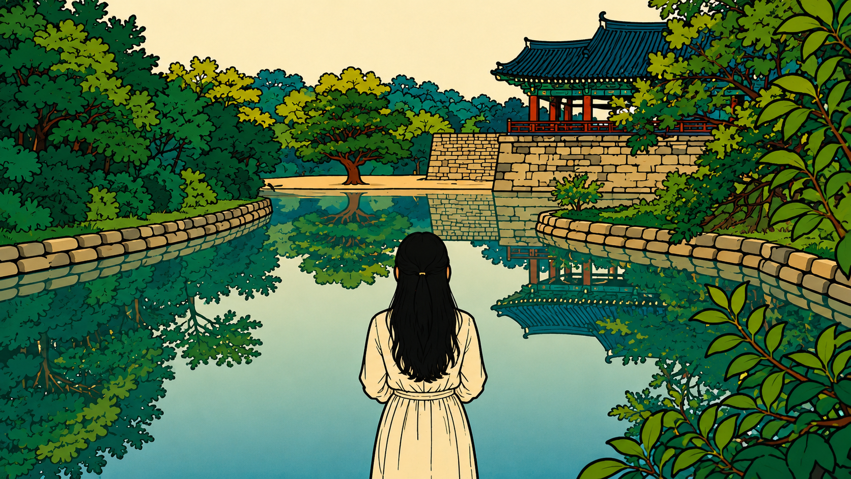 A minhwa-style illustration of a woman facing a still pond, gaslighting memory doubt reflected in two worlds caught between water and sky.