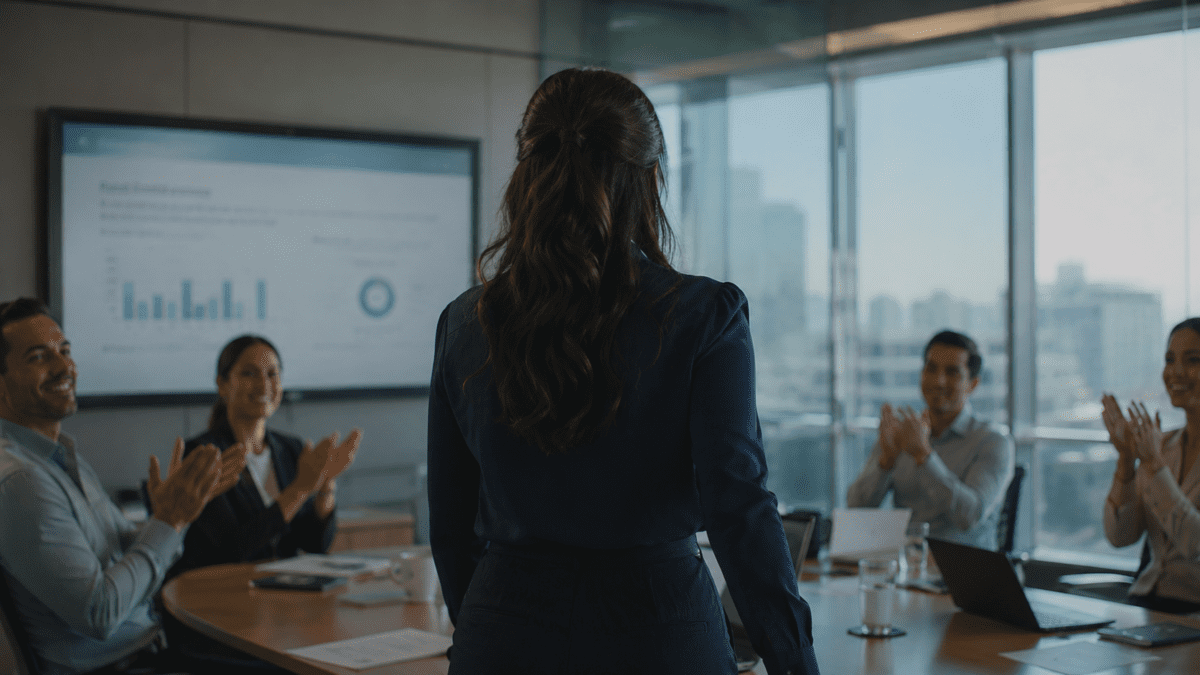 Woman stands facing applauding colleagues, back to camera. Good at a job you don't love — the room is pleased. She isn't sure what to do with that.