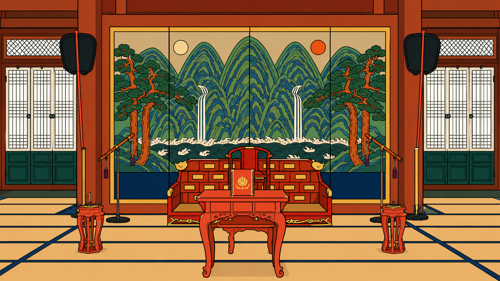 modern Korean minhwa thumbnail featuring a royal palace throne room and Irworobongdo screen, symbolizing group belonging and social hierarchy.