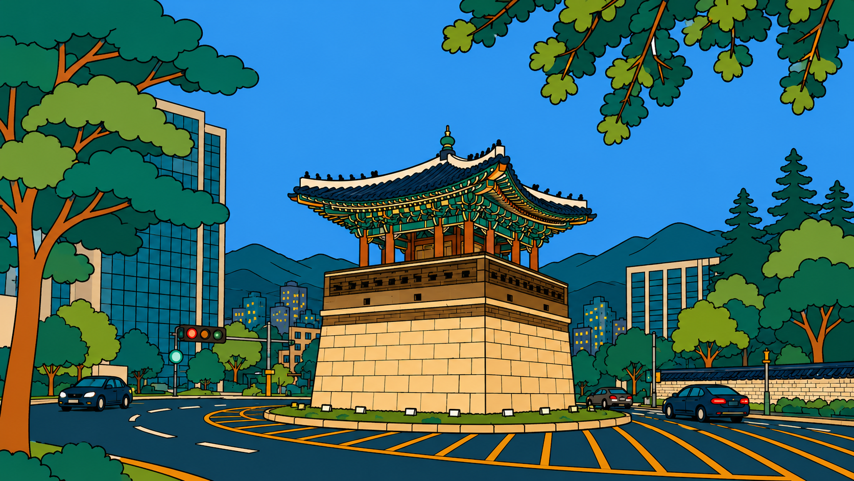 modern minhwa illustration of Seoul’s Dongsipjagak pavilion at night, symbolizing group dynamics through traditional Korean architecture and urban flow.