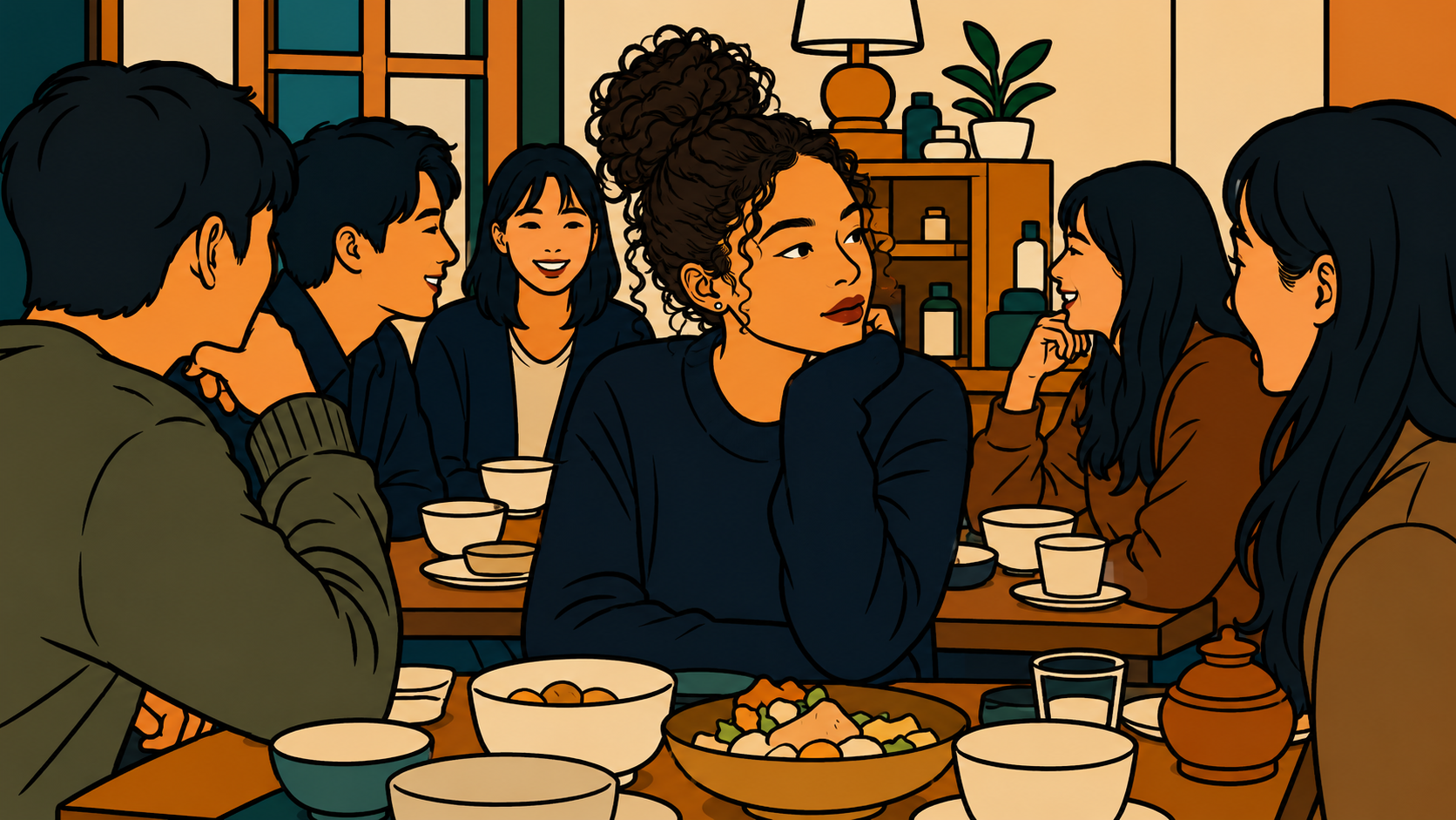 A woman experiencing group exhaustion sits quietly at a warm dinner gathering while friends around her continue laughing and talking.