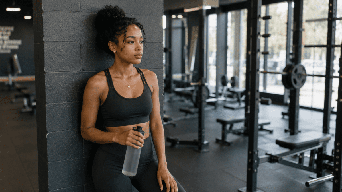 Woman leans against the gym wall, water bottle in hand, the old training habit still running after the season changed.