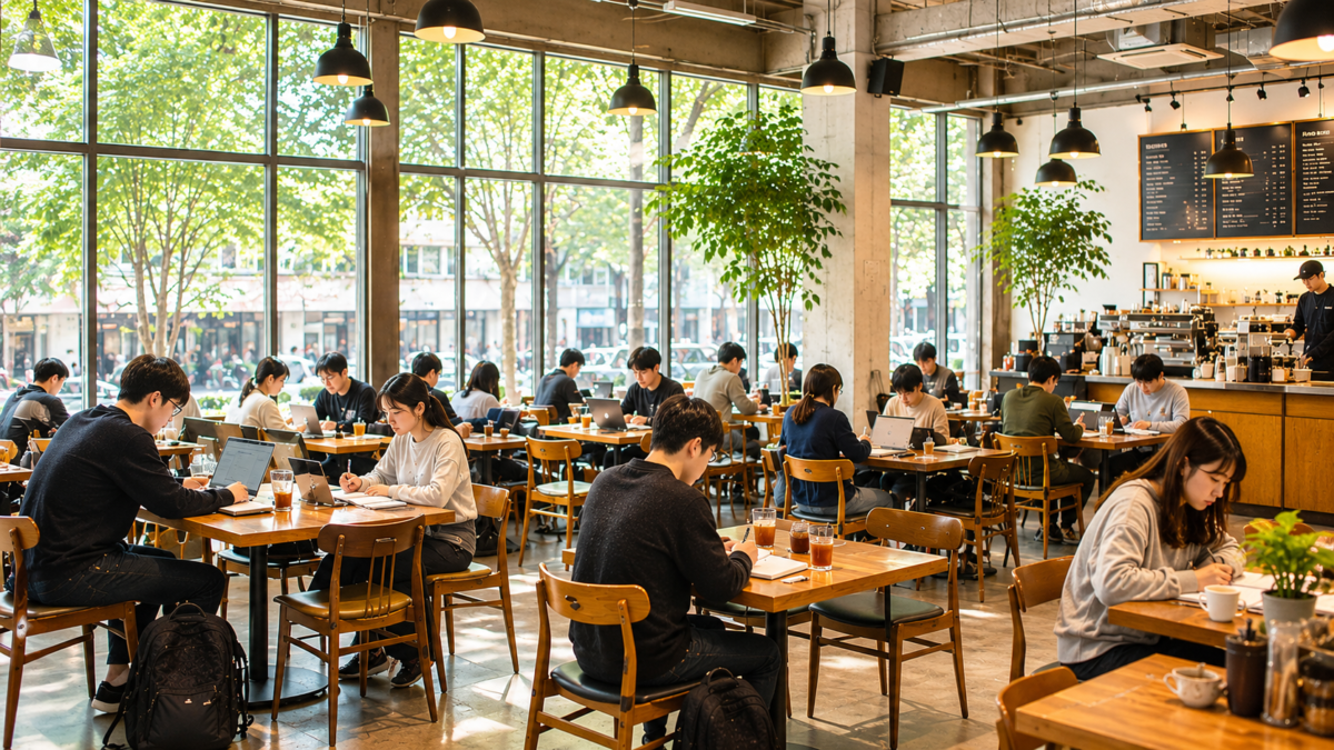 A generation choosing handwriting in Korea — young people study and write at laptops and notebooks in a bright Seoul café, analog and digital tools side by side on sunlit tables.