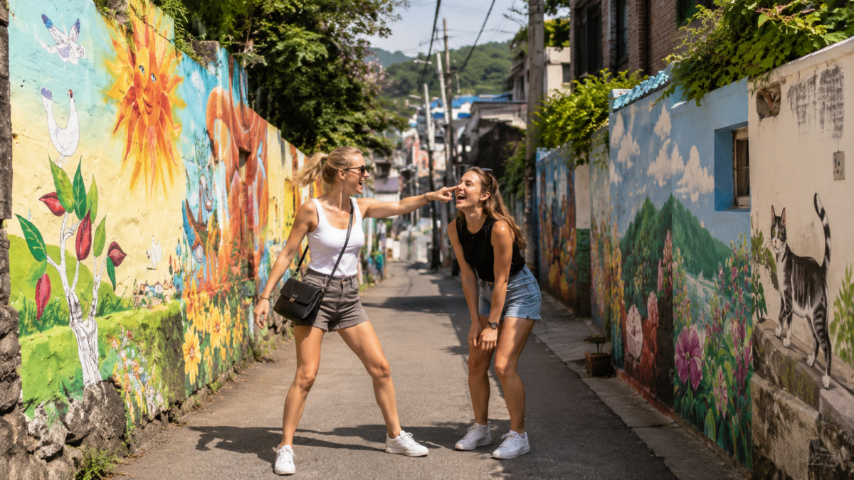 Two women laugh in the alleys of Ihwa Mural Village, where the Hanyang Fortress hike drops you into a neighborhood painted floor to ceiling.
