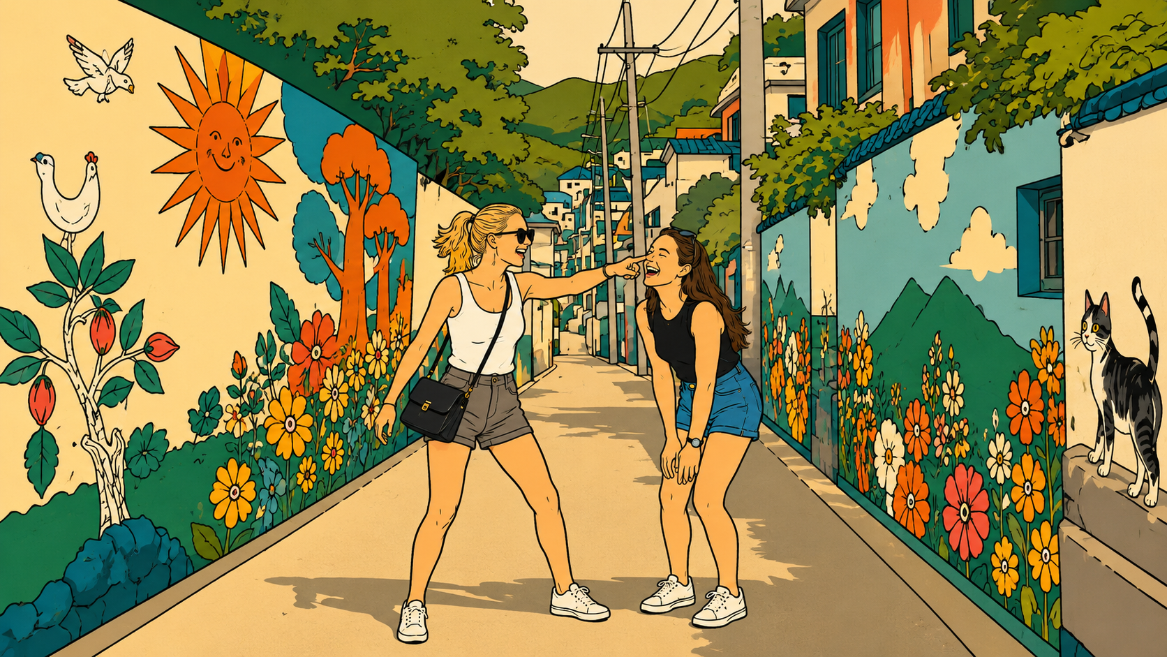 A minhwa-style illustration of two women laughing in Ihwa Mural Village, where the Hanyang Fortress hike turns a corner into painted walls and neighborhood cats.