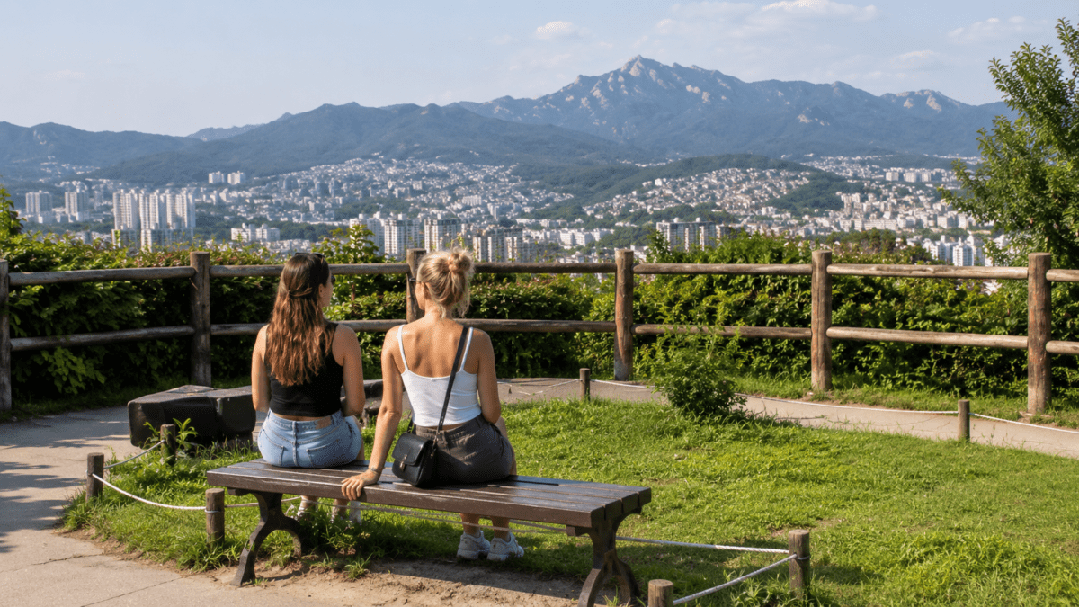 Two women sit on a bench at Naksan Park, looking out over Seoul during the Hanyang Fortress hike where the city opens up mid-trail.