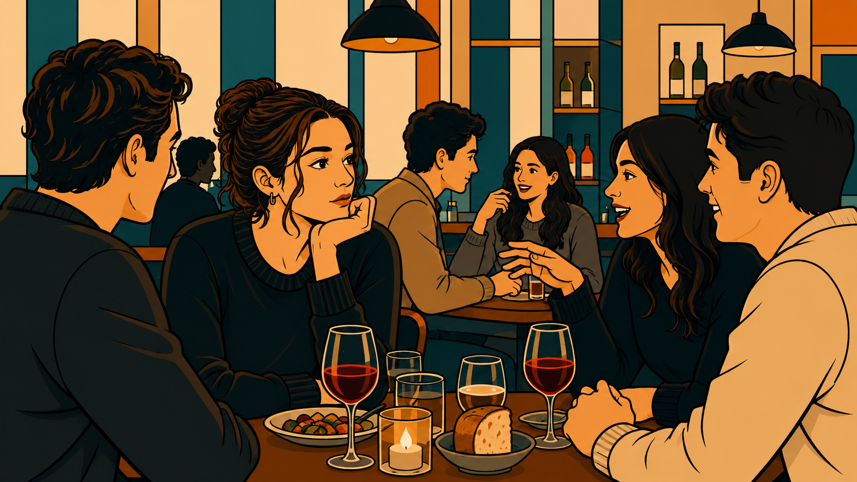 A woman pauses in thought at a candlelit dinner — the hesitation mechanism that quietly shapes every social moment