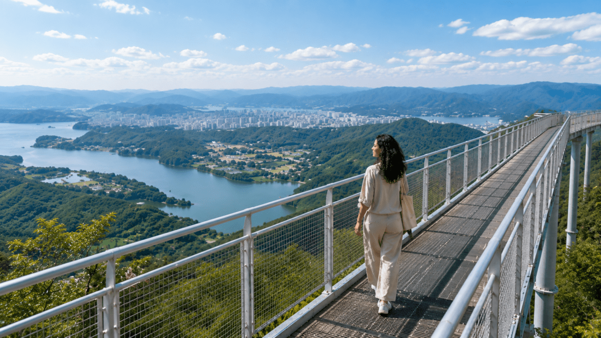 A woman walks a sky bridge above Chuncheon, looking out over a landscape that holds more hidden knowledge than any map can show.