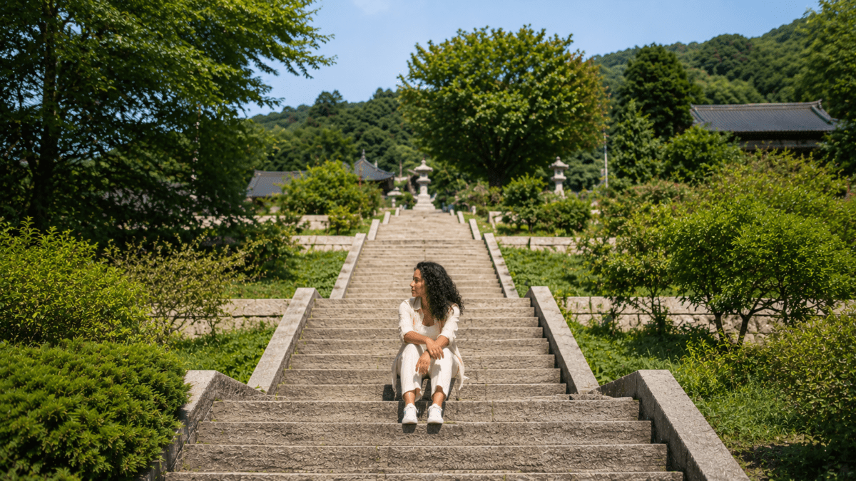 A woman sits on the stone steps of Yongmunsa Temple, pausing where hidden knowledge accumulates between one level and the next.