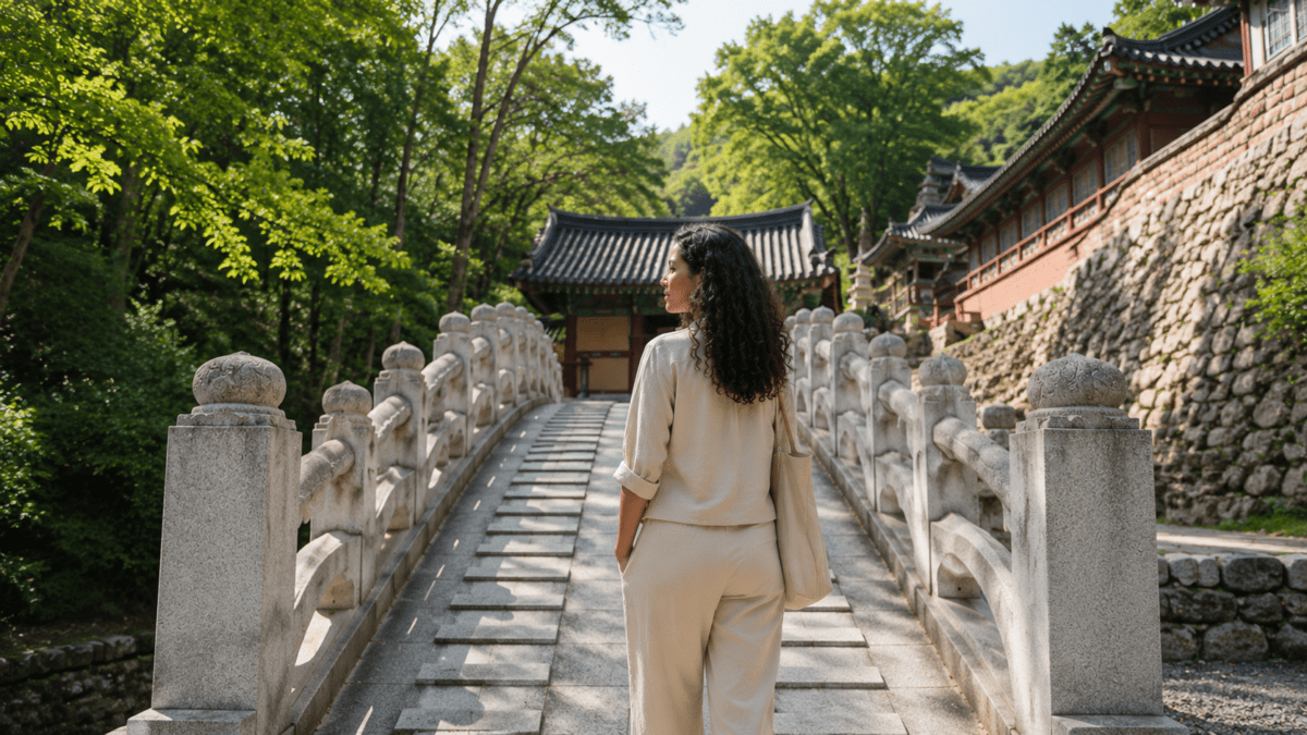 A woman crosses a stone bridge toward Yongmunsa Temple, where hidden knowledge waits on the other side of the threshold.