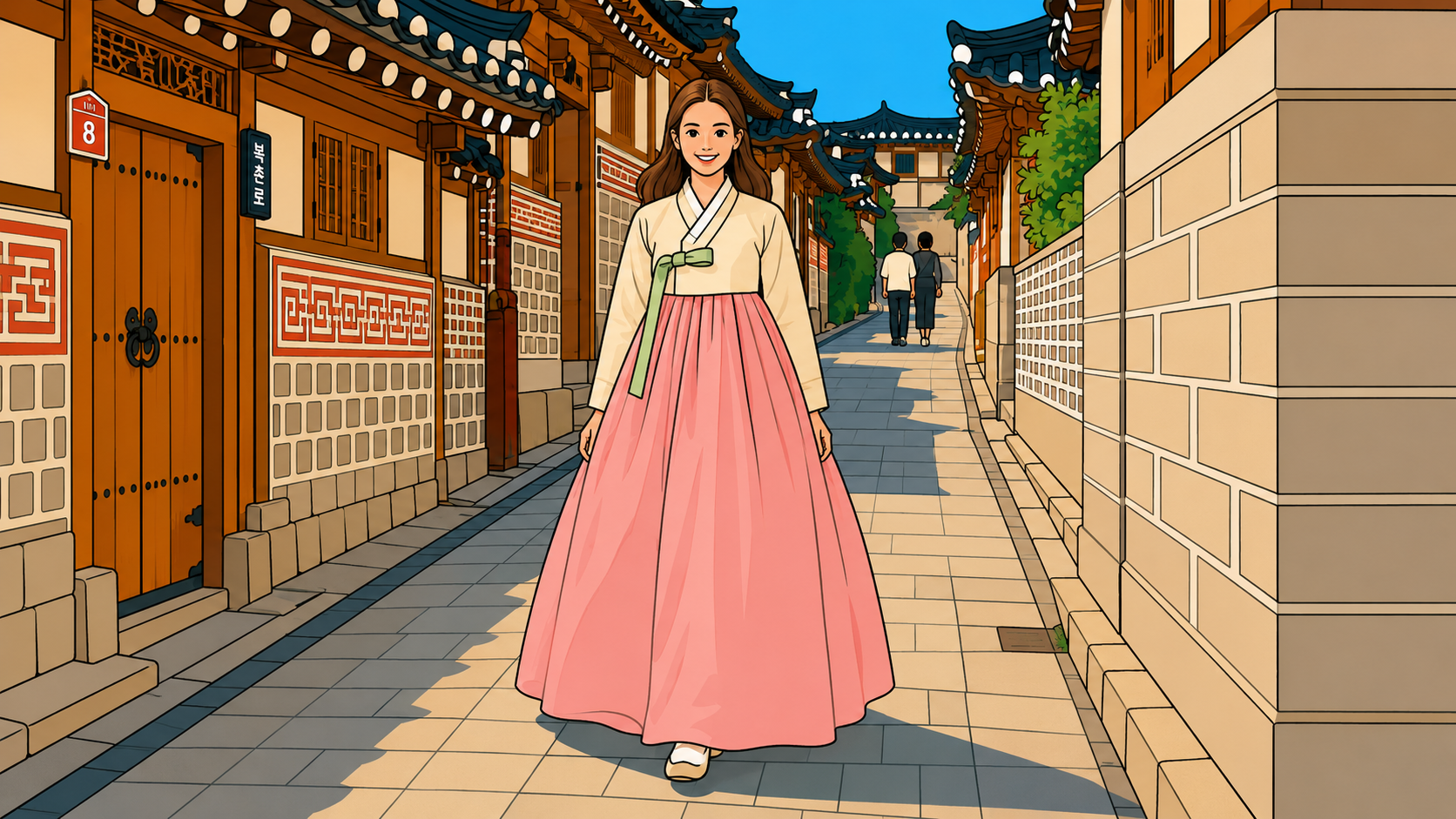 Illustration of Bukchon Hanok Village with a woman in hanbok walking through quiet alleys and traditional Korean houses in hidden Seoul.