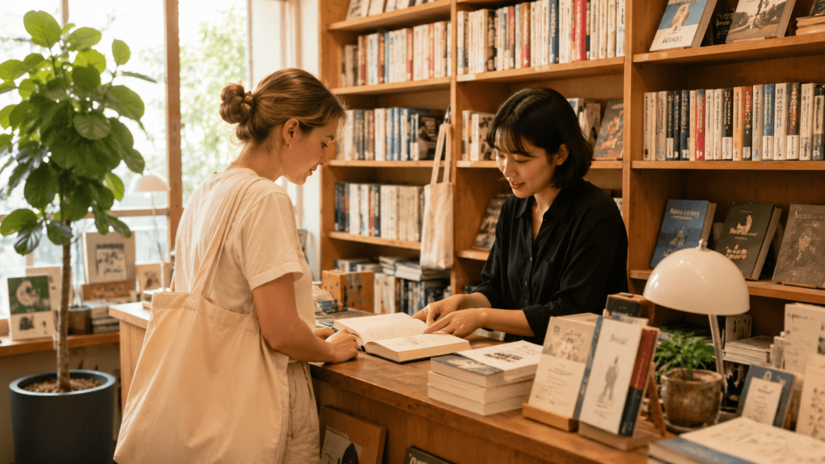 Customer and bookstore owner look through a book together at the counter on a quiet afternoon in a small Seoul shop.