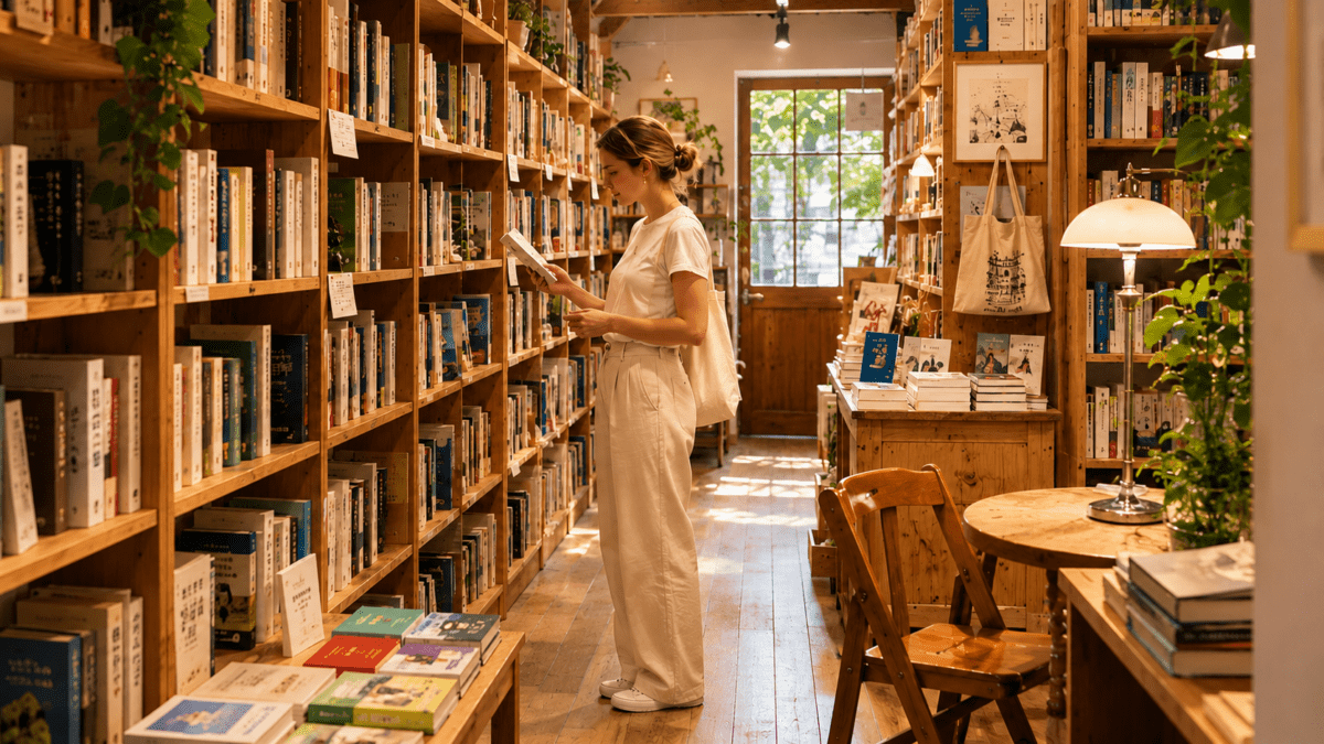 Woman browses the shelves of a Korean bookstore — every title chosen by one person, for a particular kind of reader.