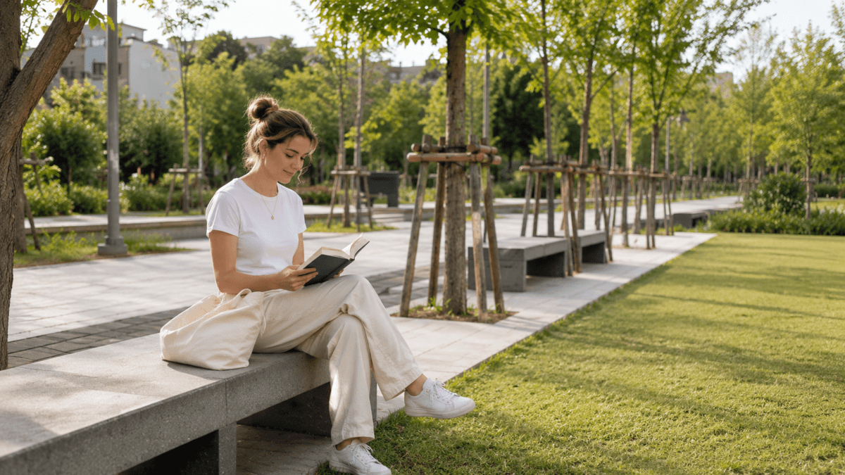 Woman reads on a bench in Yeonnam-dong park, a book carried from a small Seoul bookstore into an ordinary afternoon.