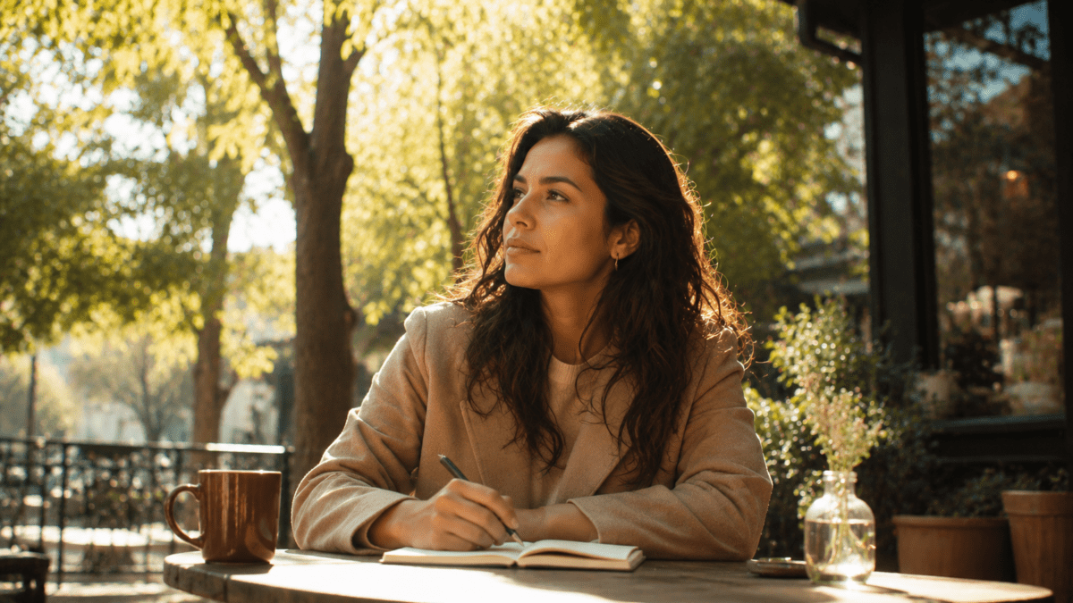 Pen on the notebook, gaze somewhere else. Job you don't love staying — for the first time in a long time, she's asking the right question.