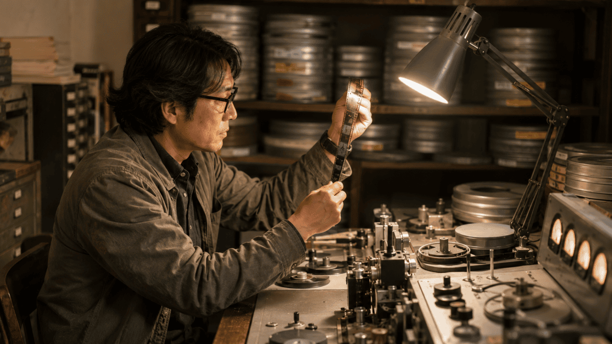 A director holds a strip of film to the light in a night editing room — the quiet persistence of Kim Ki-young cinema
