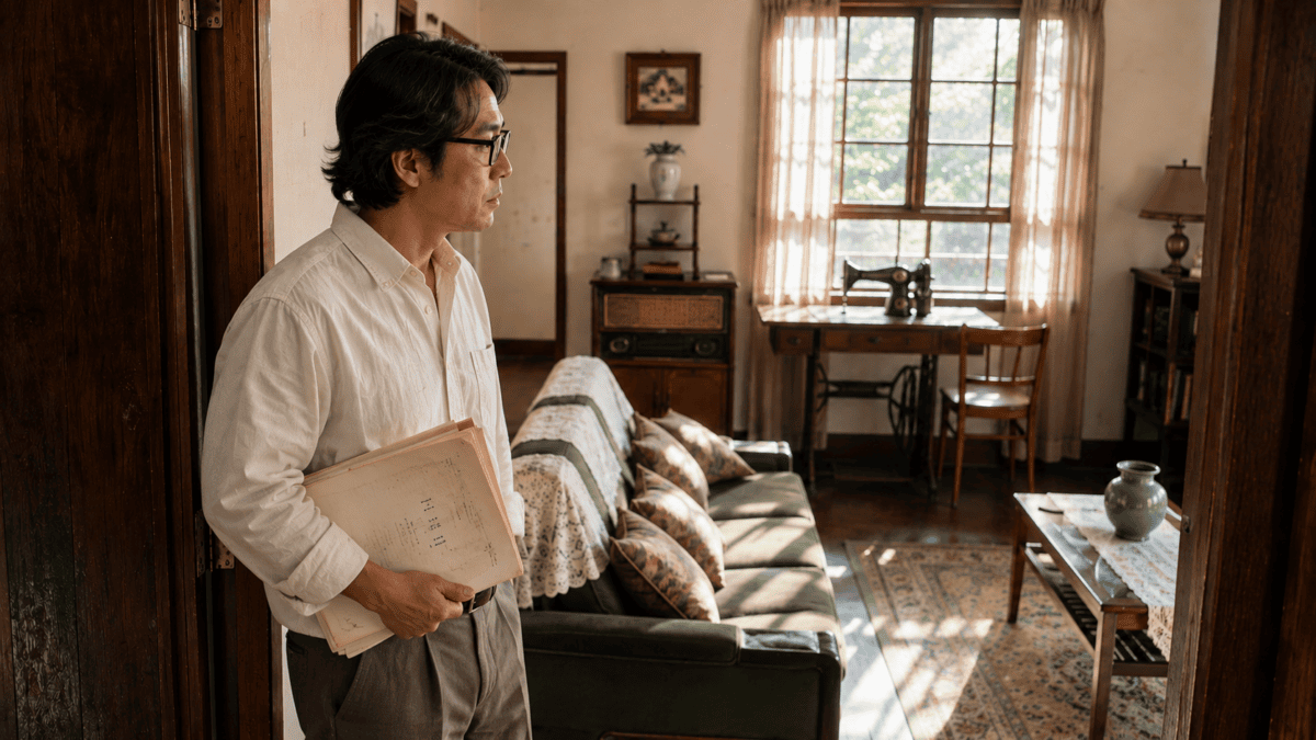 A director at the doorway of a 1960s living room, script in hand, returning again to the same house — Kim Ki-young cinema