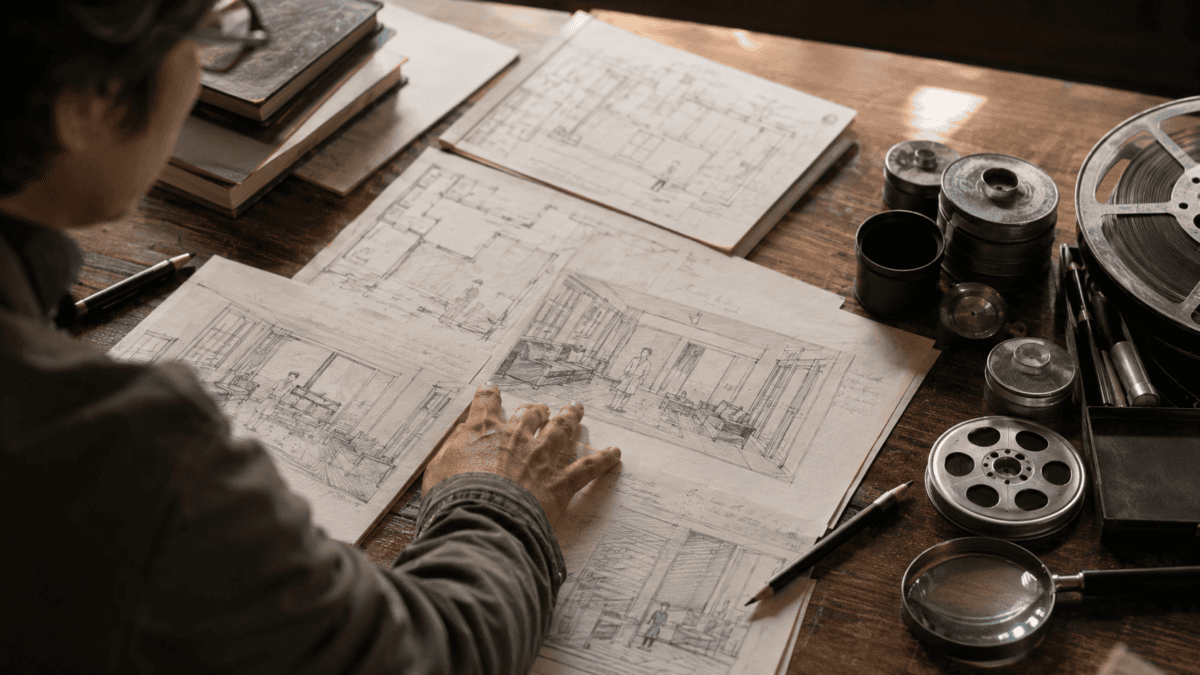 Sketches of the same room drawn again and again, a director's hand resting on one — the laboratory of Kim Ki-young cinema