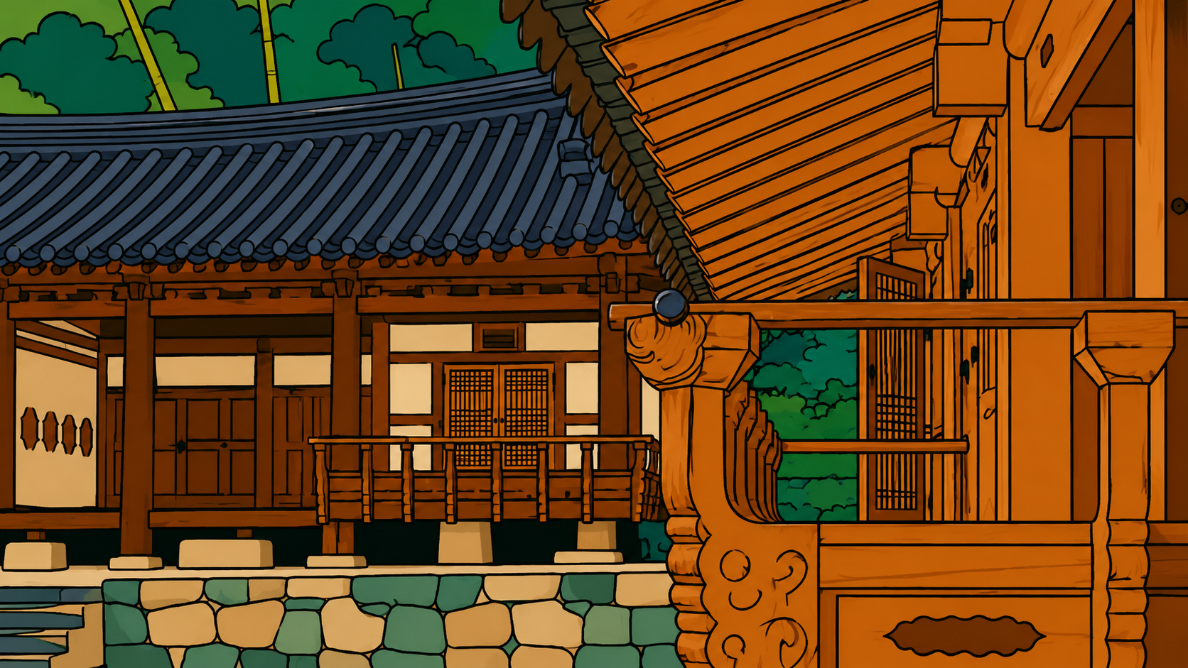 Traditional Korean house in folk painting style, reflecting the closed space and tension central to Kim Ki-young cinema.