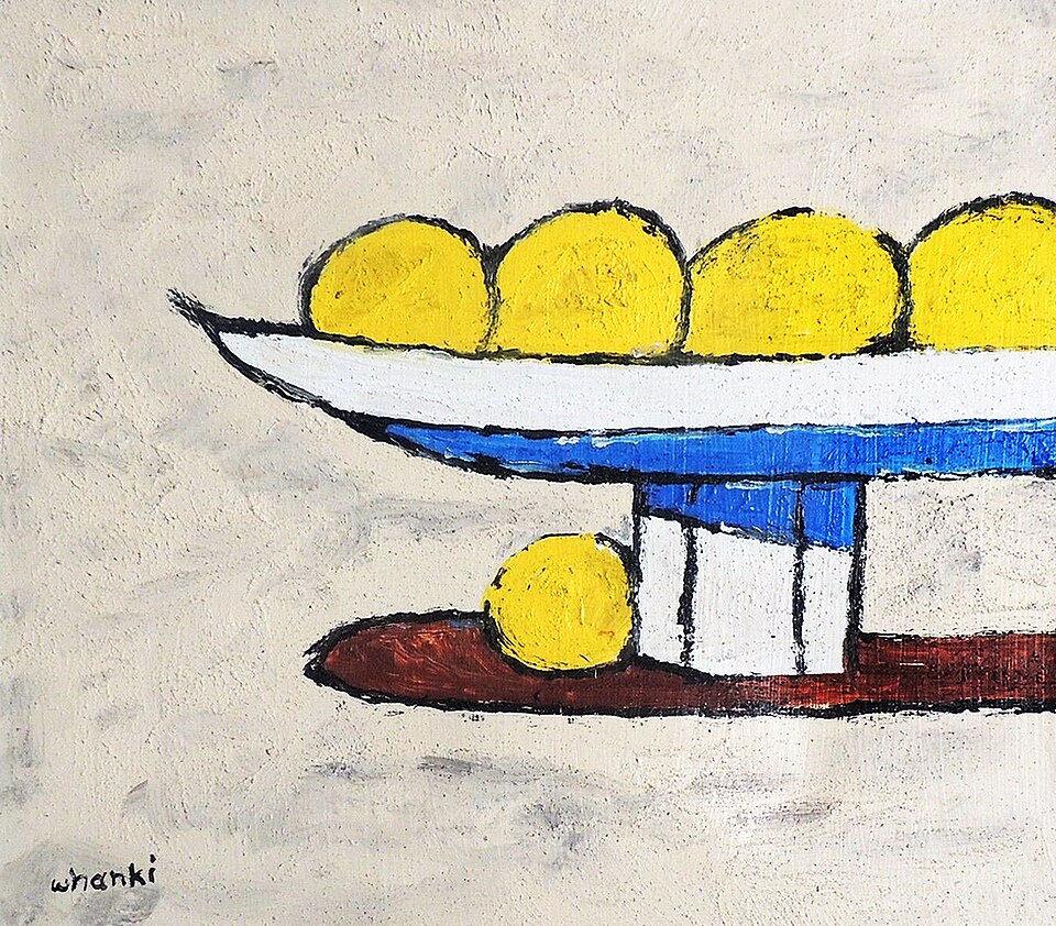 Kim Whanki's 1969 painting of yellow fruits on white — the silence and space of his New York years.