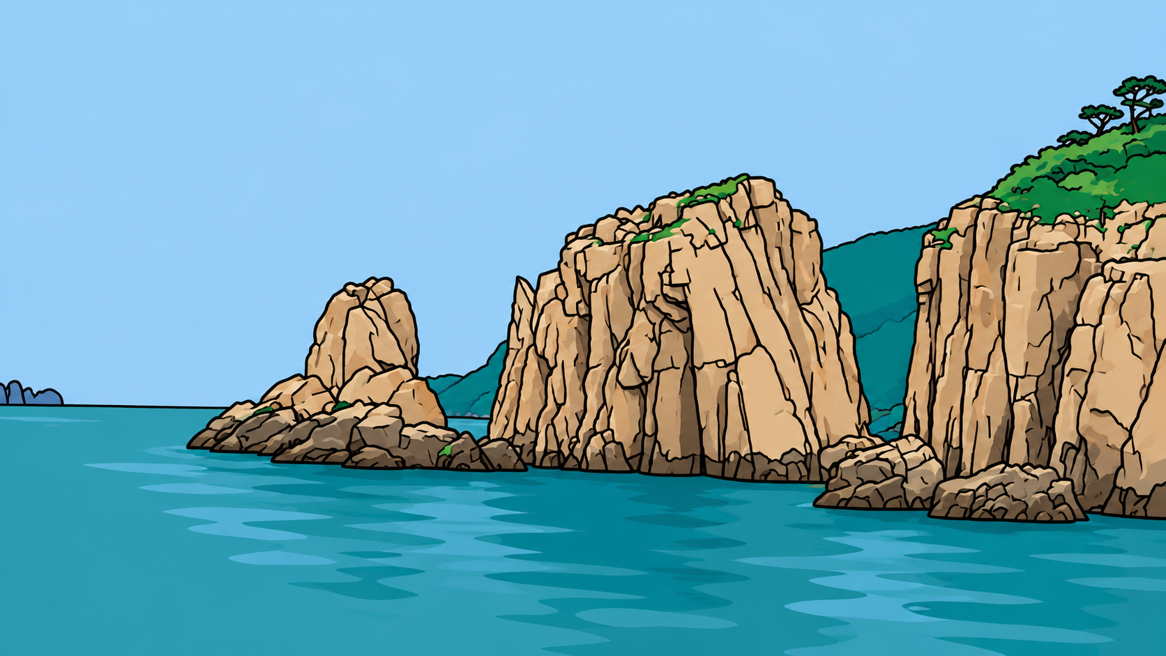 Rocky coastline and still water in Sinan — Kim Whanki silence, illustration